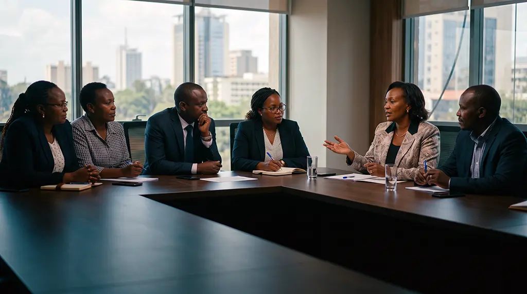 SACCO leaders in discussion around a boardroom table in Nairobi