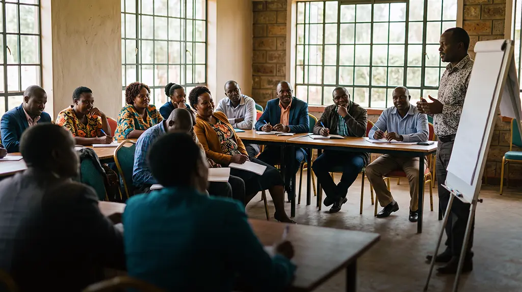 A facilitator leading a training workshop for SACCO officials