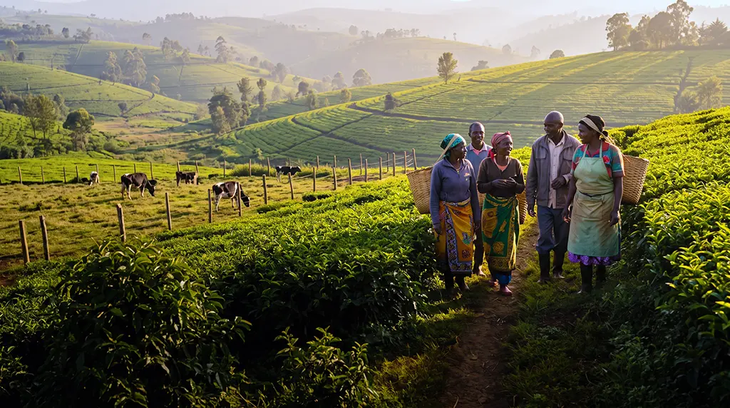 Smallholder farmers walking through tea fields in the Kenya highlands